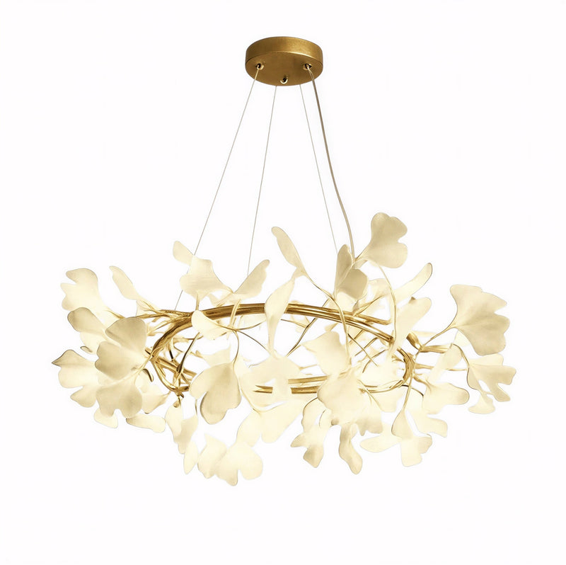 Suspension Luminaire Design Feuilles Ginkgo Céramique & Armature Dorée