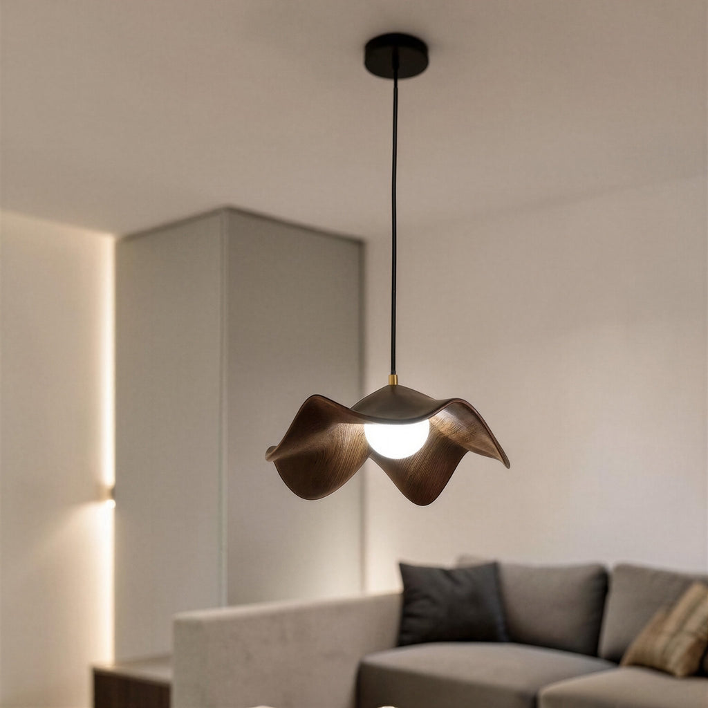 Suspension Luminaire Design Fleur Lotus Résine Effet Bois — Blanc ou Noir | D28 à D40cm