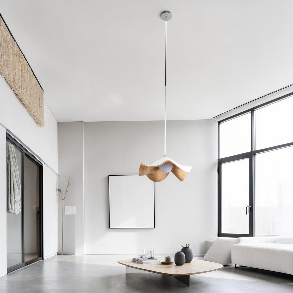 Suspension Luminaire Design Fleur Lotus Résine Effet Bois — Blanc ou Noir | D28 à D40cm