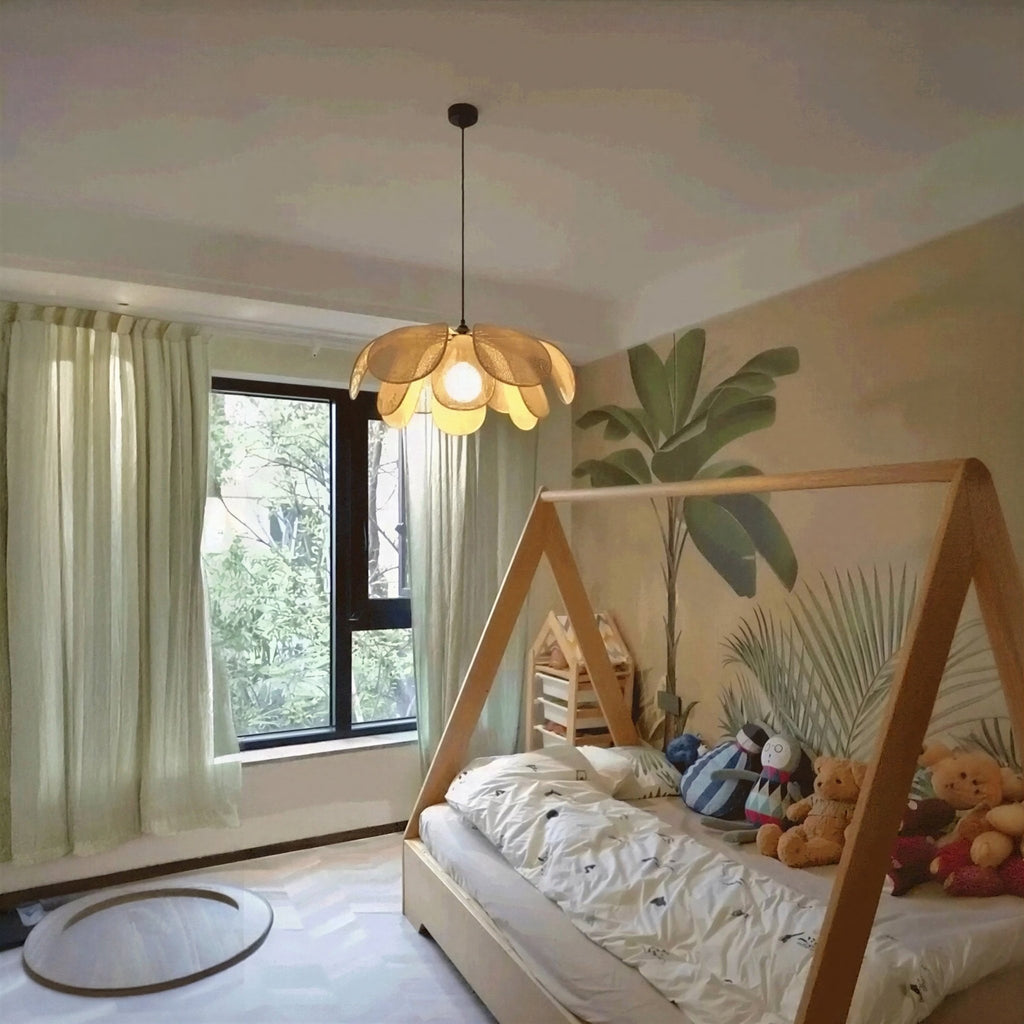 Suspension Luminaire Design Rotin Pétale Tressé