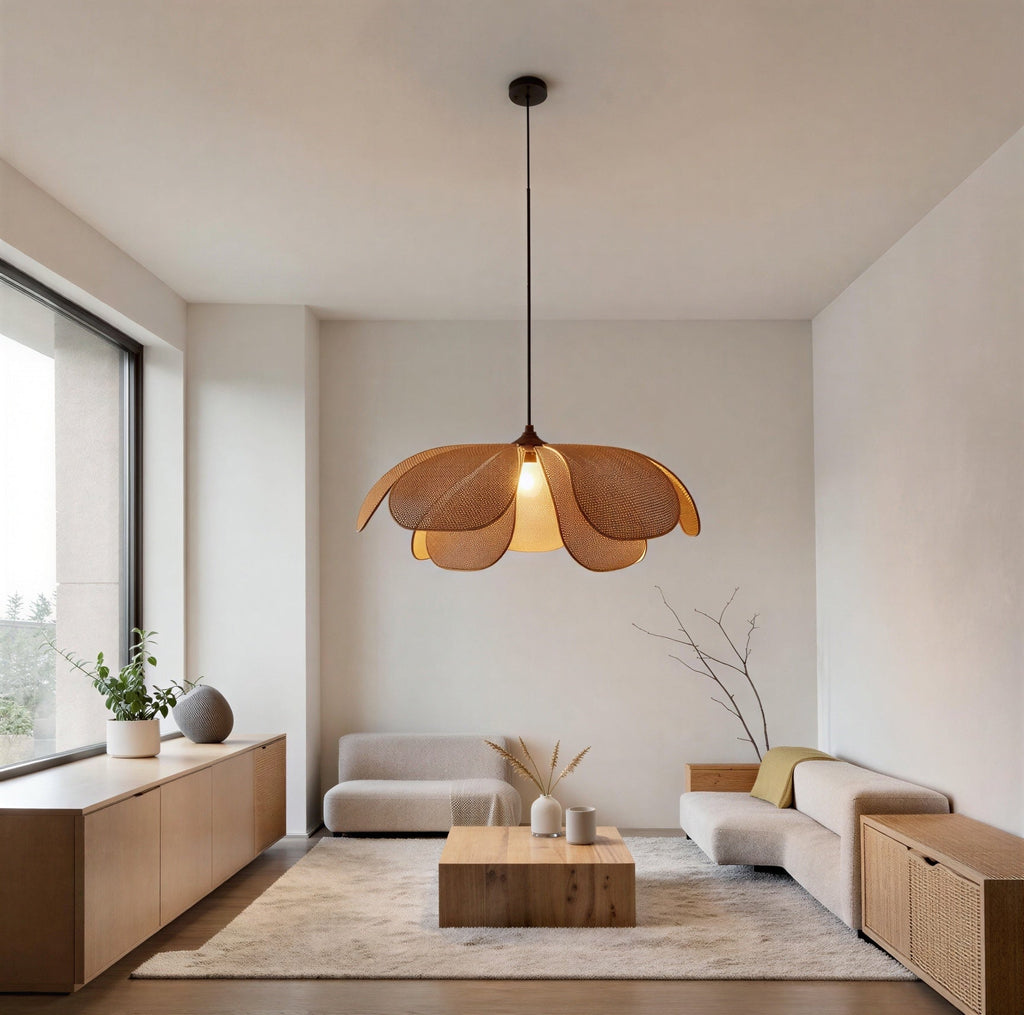 Suspension Luminaire Design Rotin Pétale Tressé