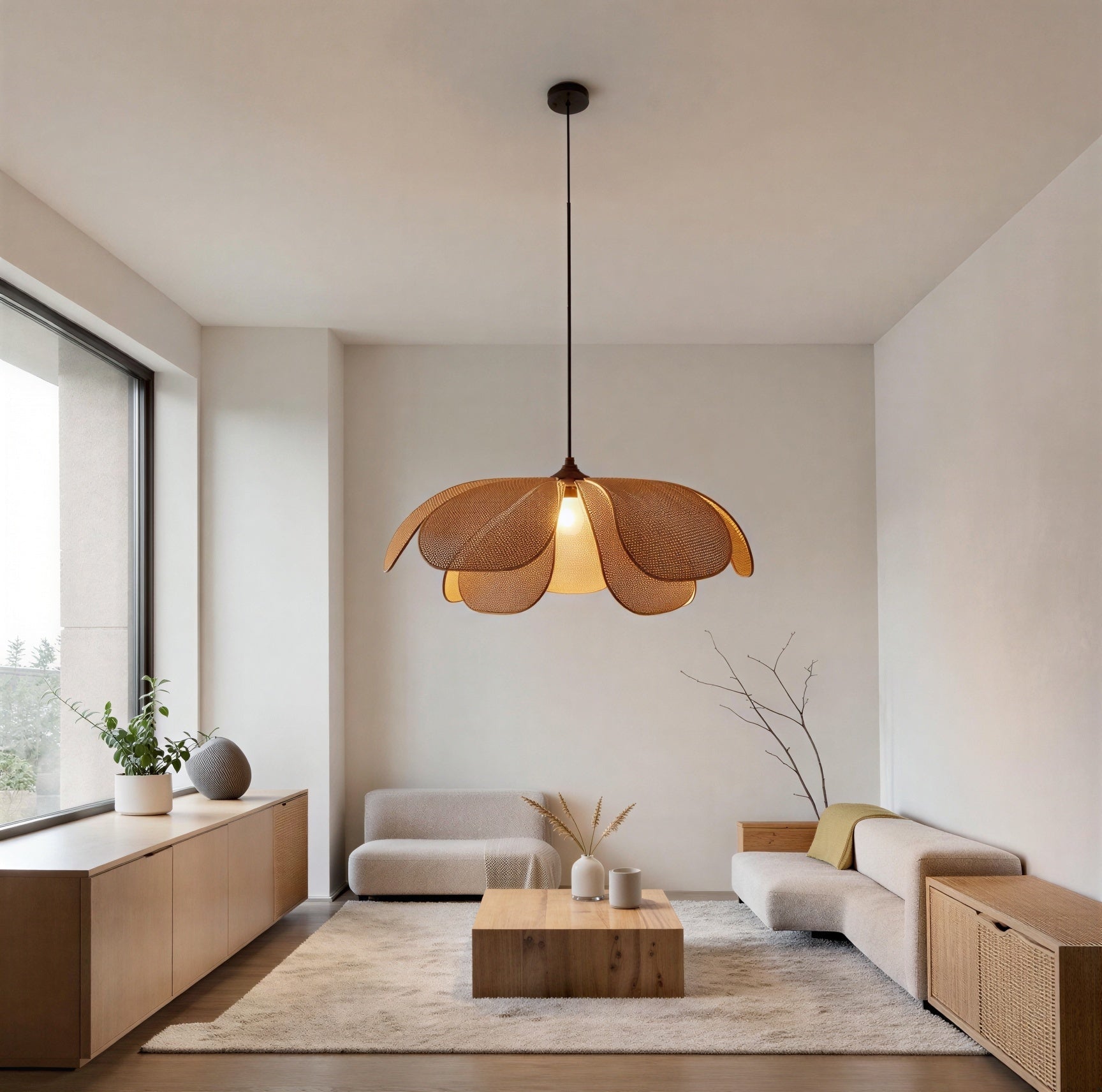 Suspension Luminaire Design Rotin Pétale Tressé