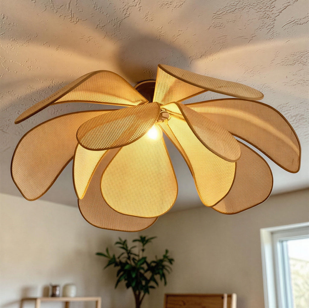 Suspension Luminaire Design Rotin Pétale Tressé