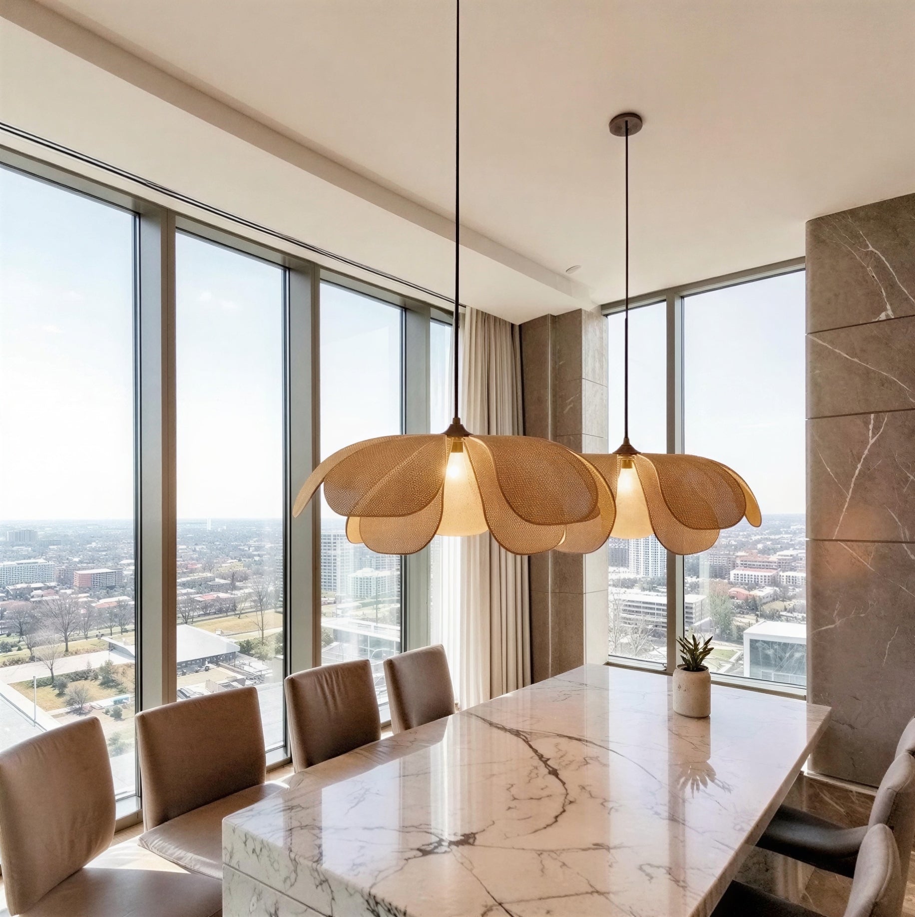 Suspension Luminaire Design Rotin Pétale Tressé