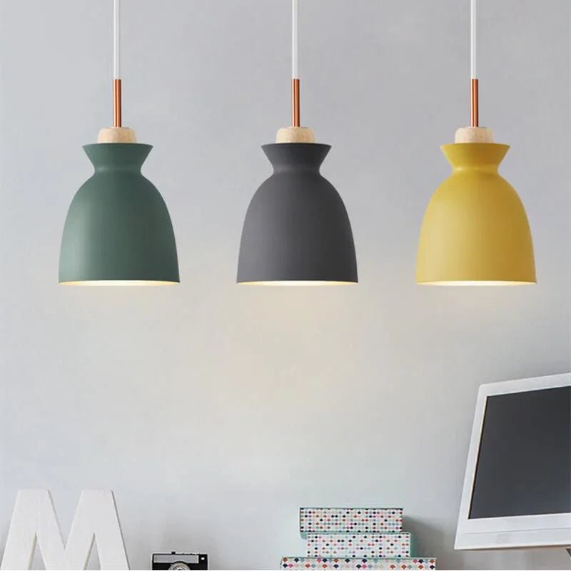 Suspension Luminaire Bois Macaron Aluminium Coloré Nordique
