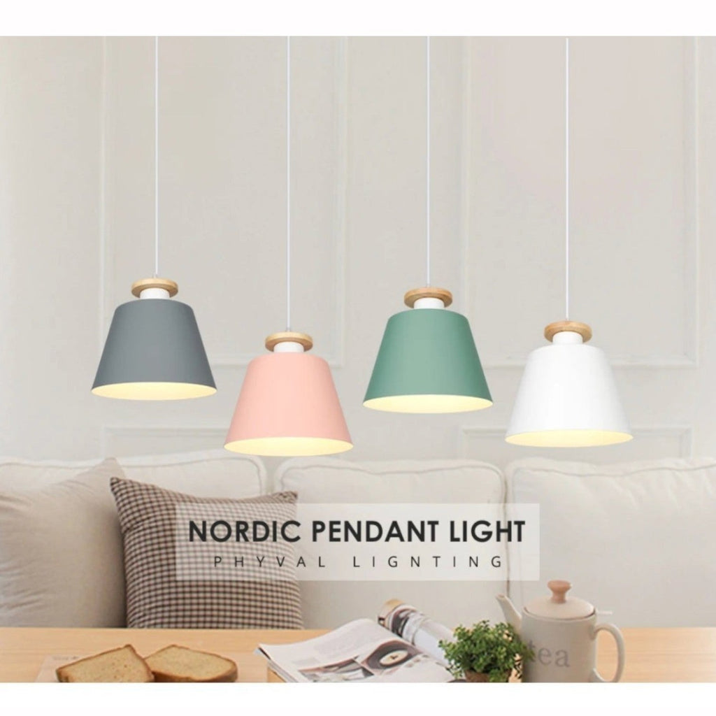 Suspension Luminaire Design Macaron Conique Pastel & Embout Bois