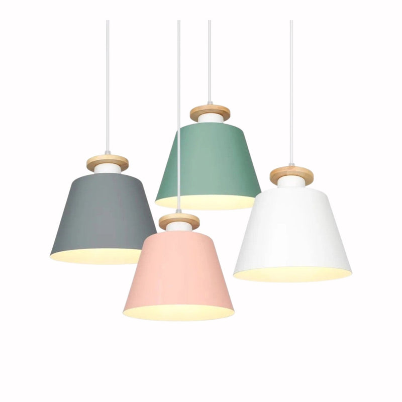 Suspension Luminaire Design Macaron Conique Pastel & Embout Bois