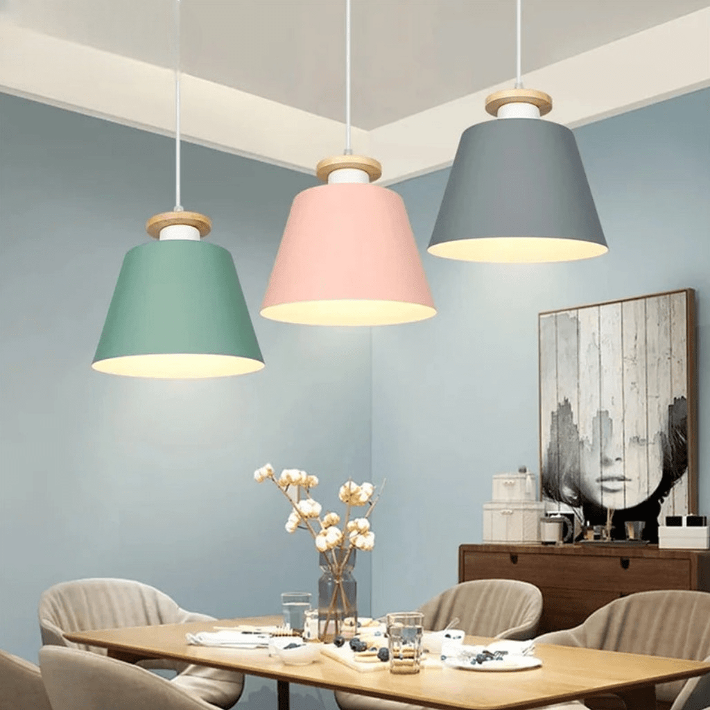 Suspension Luminaire Design Macaron Conique Pastel & Embout Bois