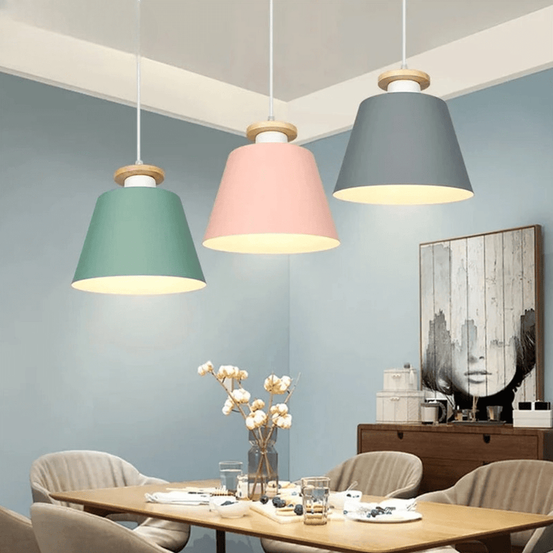 Suspension Luminaire Design Macaron Conique Pastel & Embout Bois