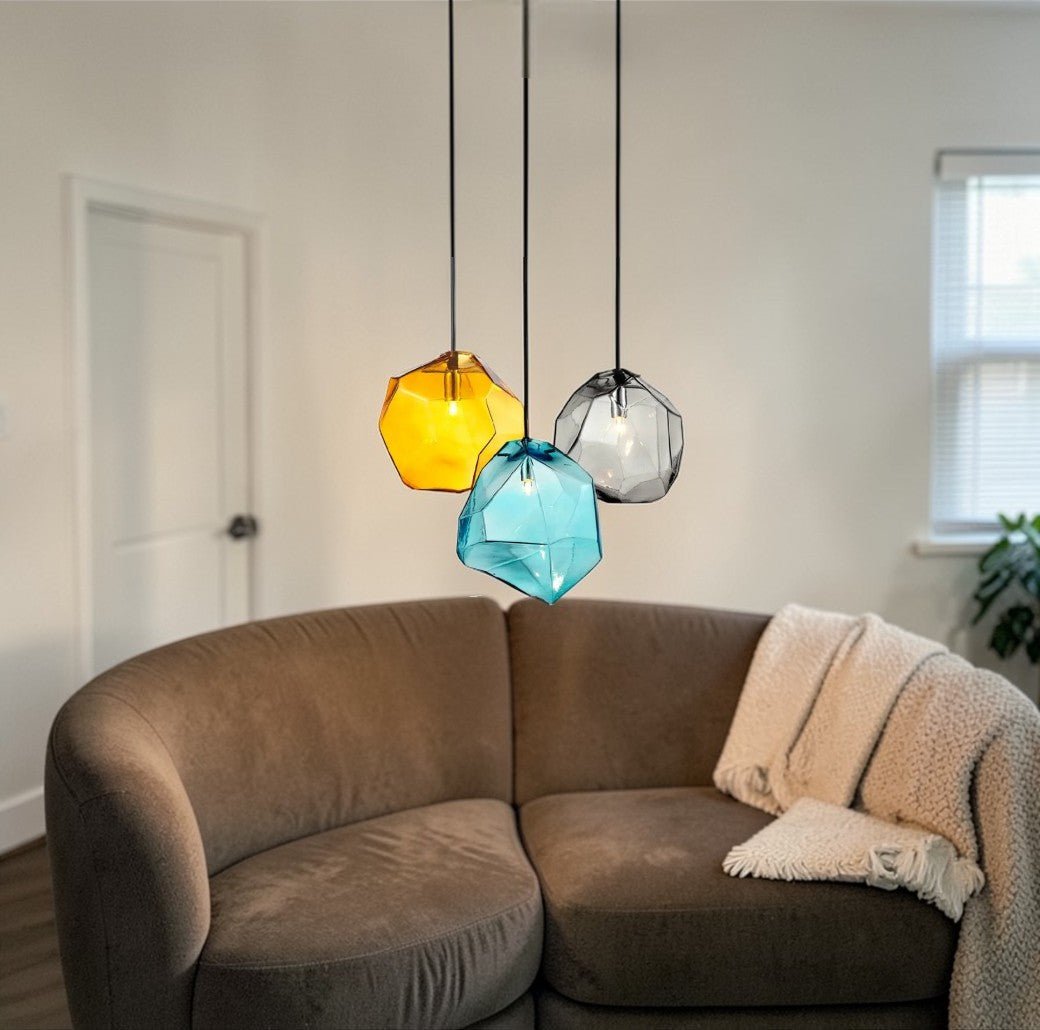 Suspension Luminaire Design Rocher Géode Verre Soufflé