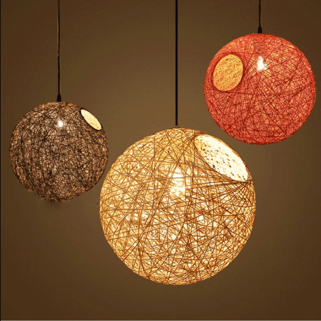 Lustre Rotin Suspension Sphérique Tressé LED Nordique