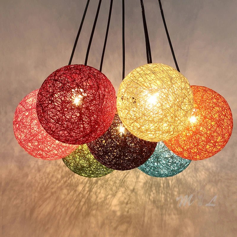 Lustre Rotin Suspension Sphérique Tressé LED Nordique