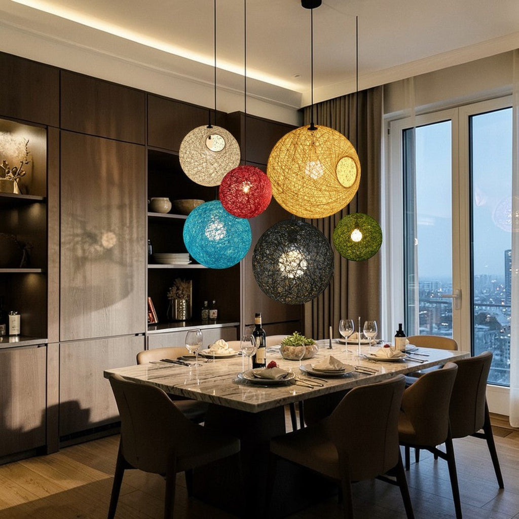 Lustre Rotin Suspension Sphérique Tressé LED Nordique