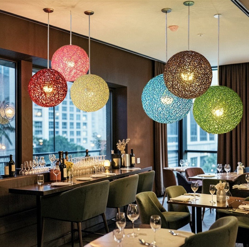 Lustre Rotin Suspension Sphérique Tressé LED Nordique