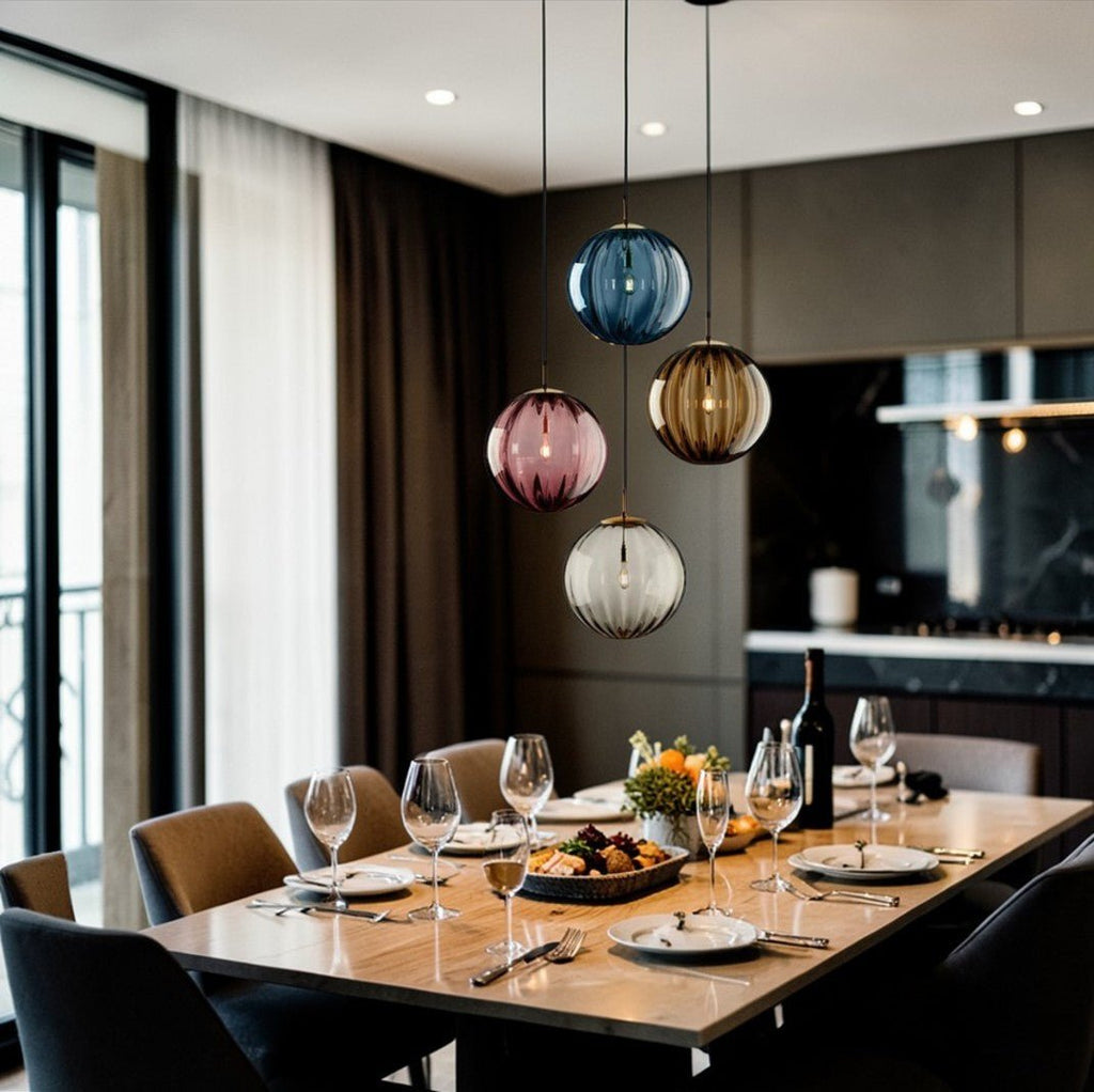 Luminaire Suspension Design Sphérique Verre Strié LED Nordique