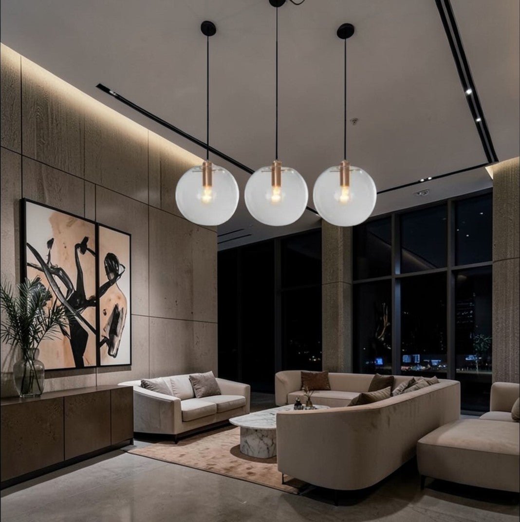 Luminaire Suspension Design Sphérique Verre Transparent Moderne