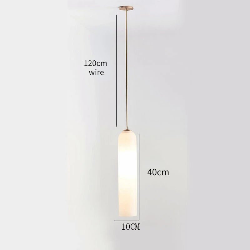 Suspension Luminaire Design Tube Verre Laiteux & Structure Laiton Doré