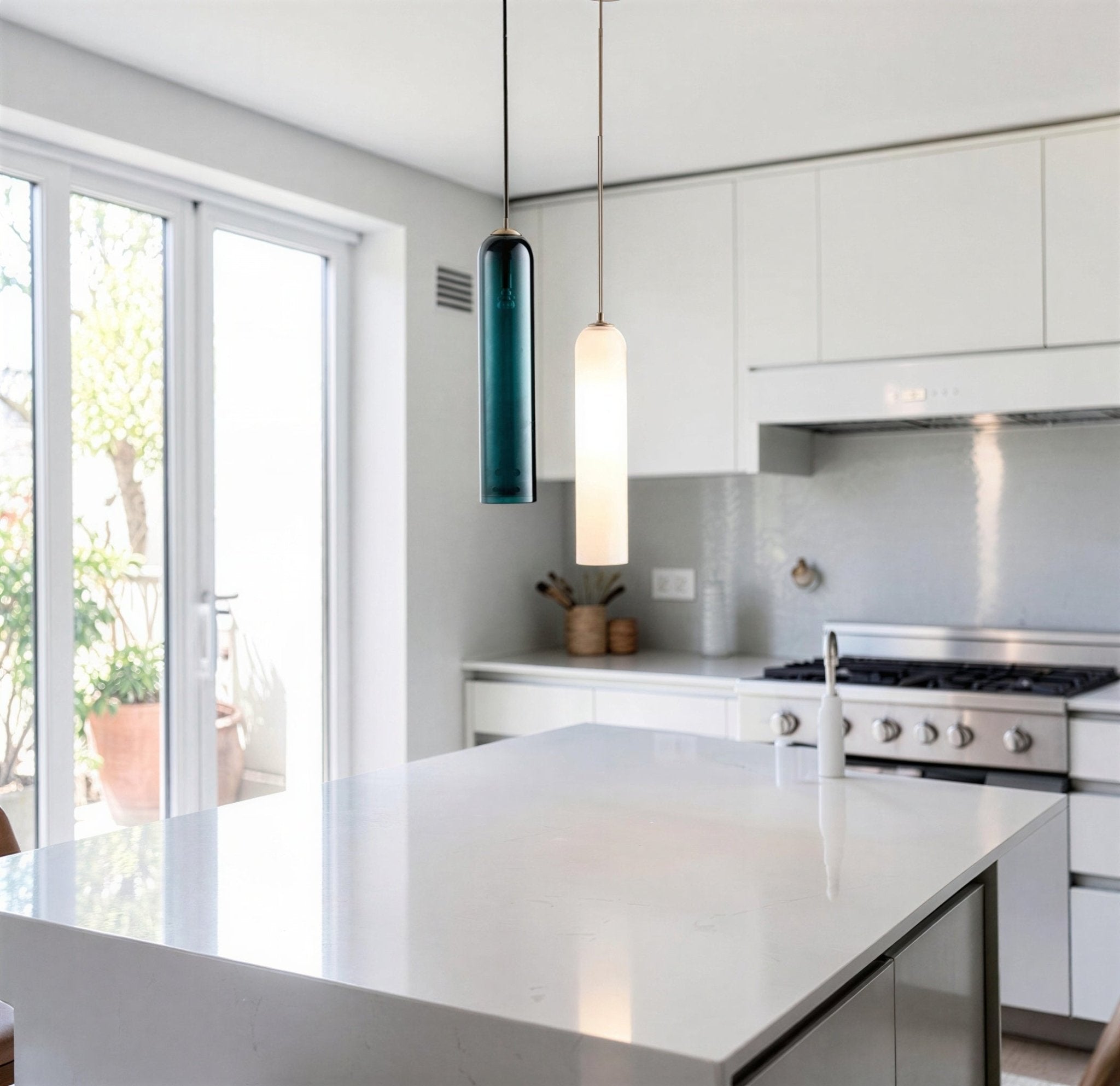Suspension Luminaire Design Tube Verre Laiteux & Structure Laiton Doré