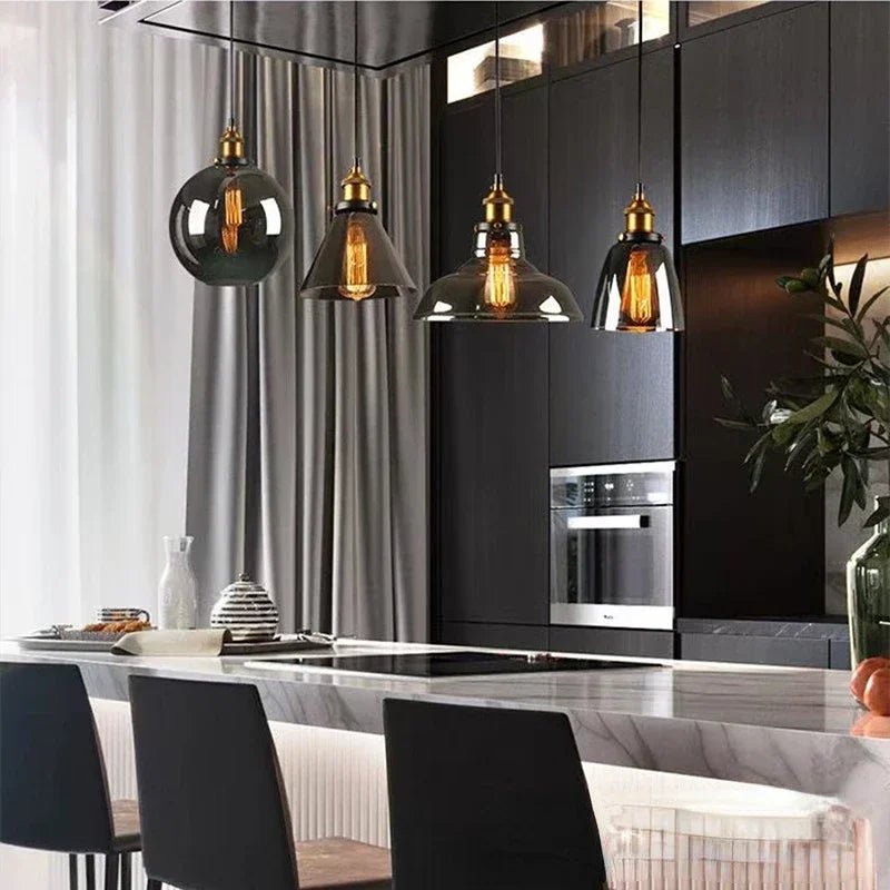 Suspension Luminaire Design Verre Ambré Style Industriel Vintage