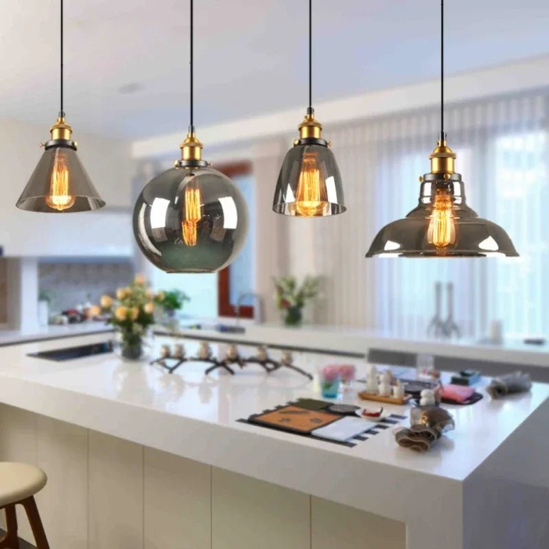Suspension Luminaire Design Verre Ambré Style Industriel Vintage