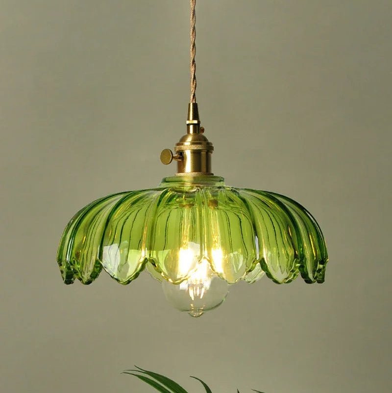 Luminaire Suspension Design Verre Fleur Lotus Vintage Laiton Doré — 2 Coloris