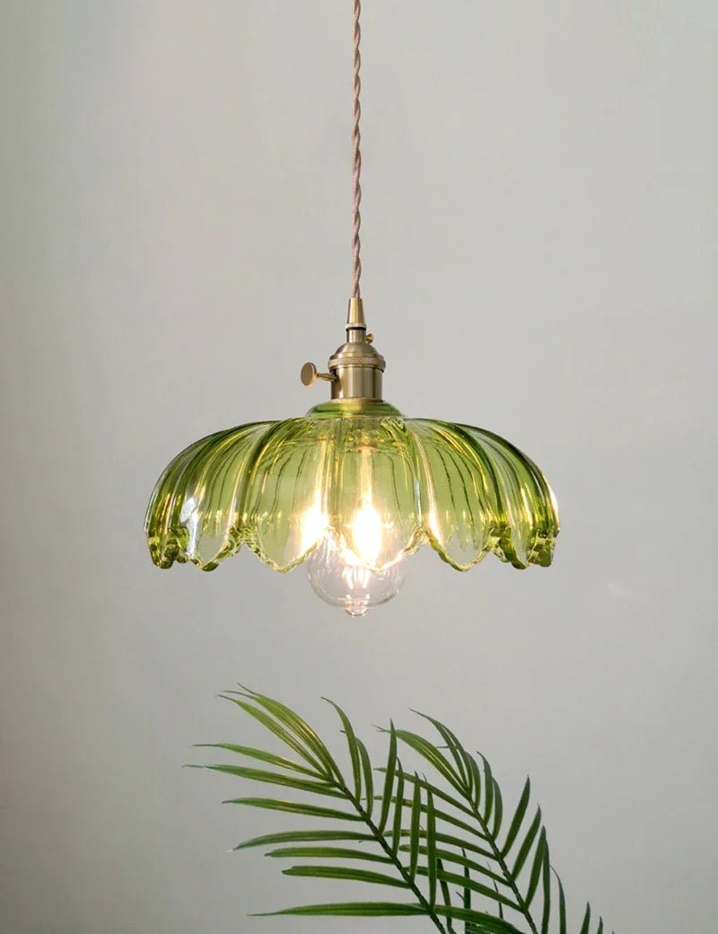 Luminaire Suspension Design Verre Fleur Lotus Vintage Laiton Doré — 2 Coloris