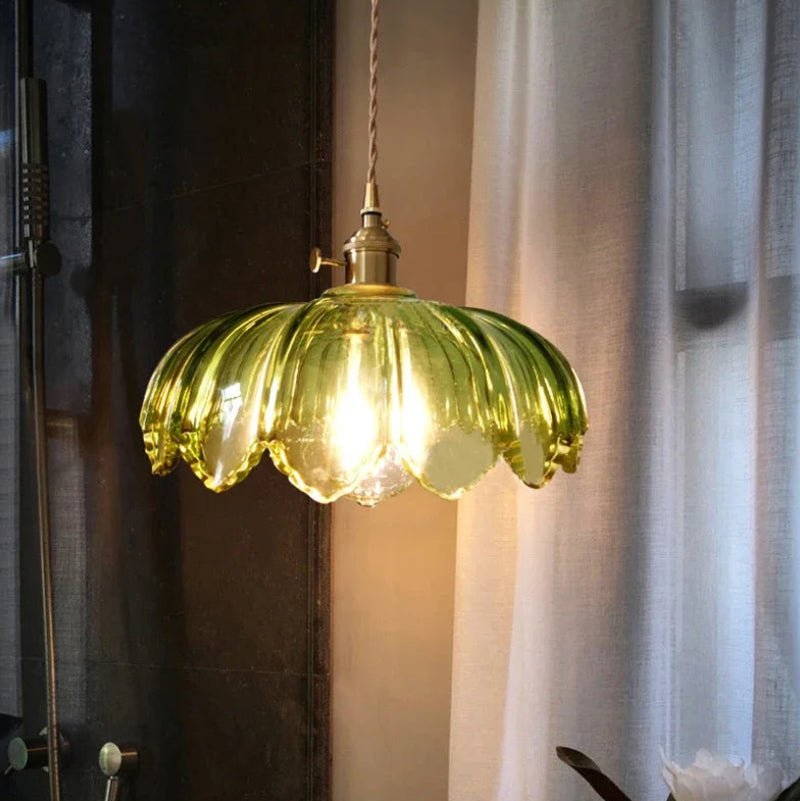 Luminaire Suspension Design Verre Fleur Lotus Vintage Laiton Doré — 2 Coloris