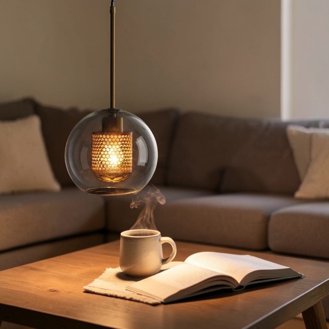 Luminaire Suspension Design Verre Fumé & Armature Dorée Nordique
