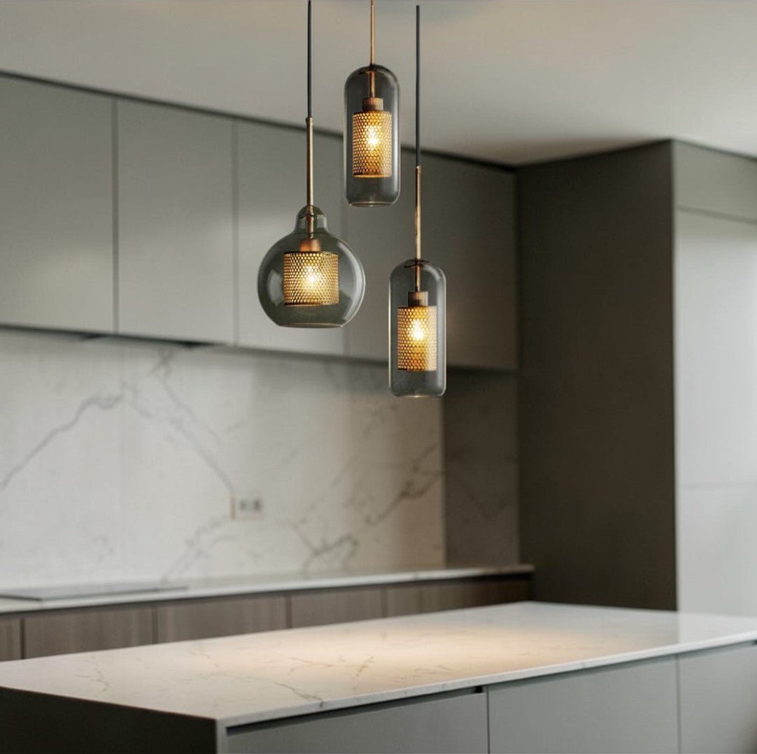 Luminaire Suspension Design Verre Fumé & Armature Dorée Nordique