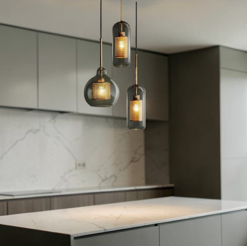 Luminaire Suspension Design Verre Fumé & Armature Dorée Nordique