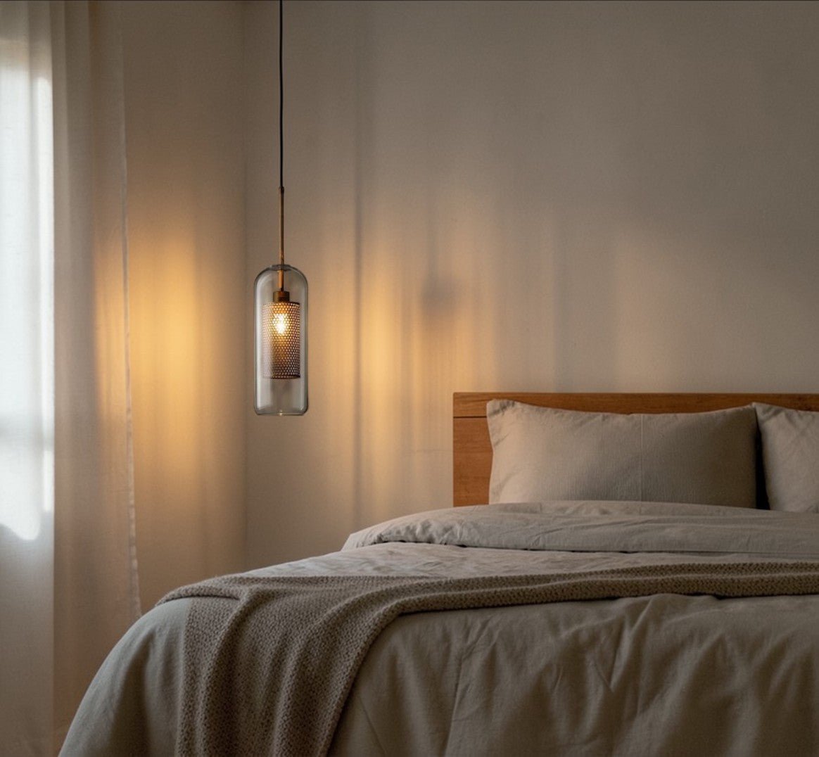 Luminaire Suspension Design Verre Fumé & Armature Dorée Nordique