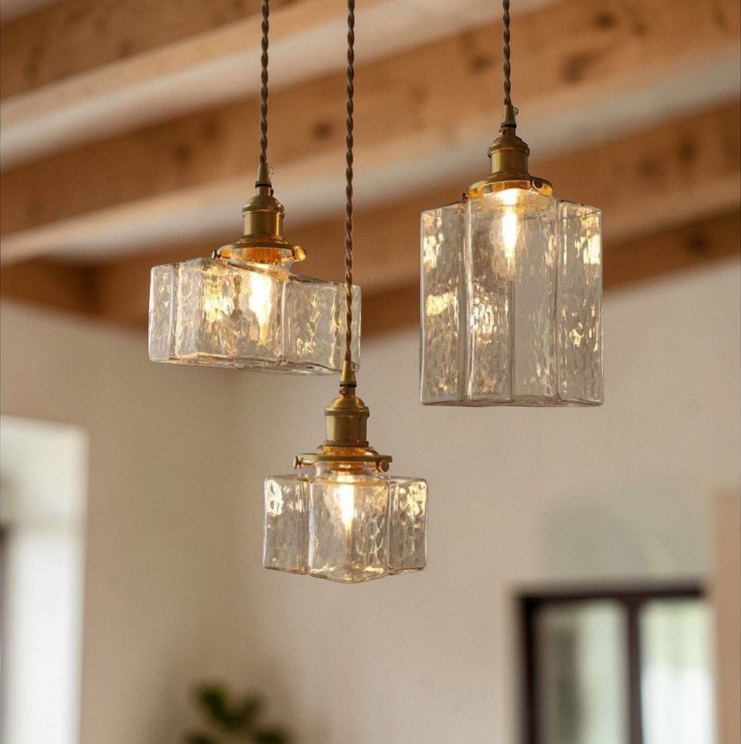 Luminaire Suspension Design Verre Texturé & Laiton Vintage — 3 Modèles